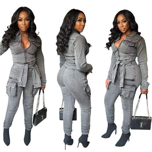 MZ (S-2XL) Denim lace-up MZ88601 women's stretch slim belt jumpsuit