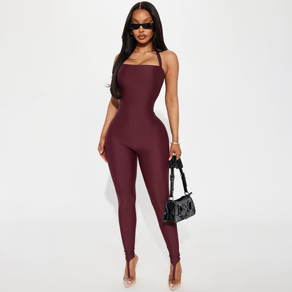 DZHT J25JP486 summer tight rope backless step-on jumpsuit