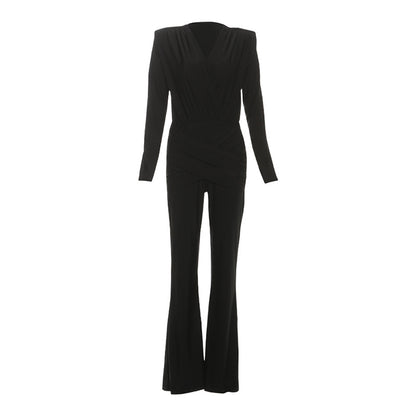 SXR autumn fashion deep V long sleeve slimming skinny jumpsuit