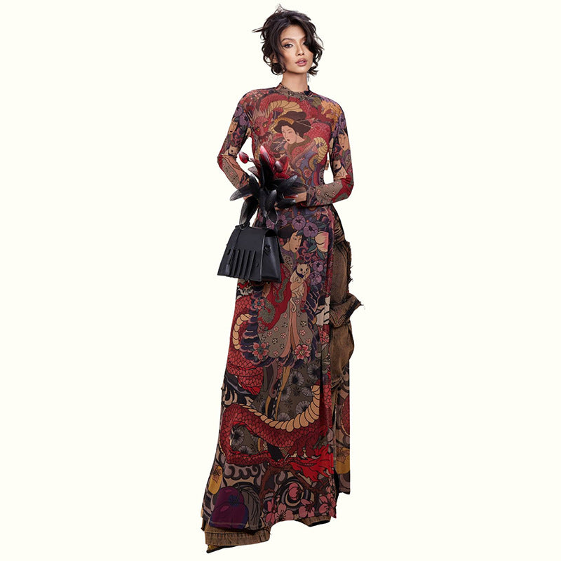DLS Spring crew neck personality printed waist-controlled slim and tall looking split long top