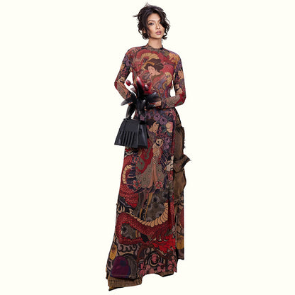 DLS Spring crew neck personality printed waist-controlled slim and tall looking split long top