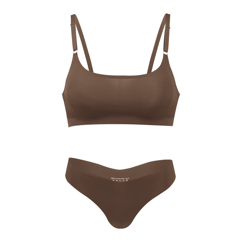 Seamless thin large size underwear set small breast size exaggerating bra T-shaped beauty back adjustable wireless bra