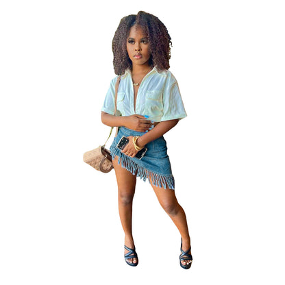 MZ (S-2XL) denim F88501 apron tassel shorts slim elastic beveled apron shorts
