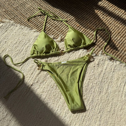 (4 days ready to ship) SY nylon light metal ring lace-up backless split swimsuit bikini