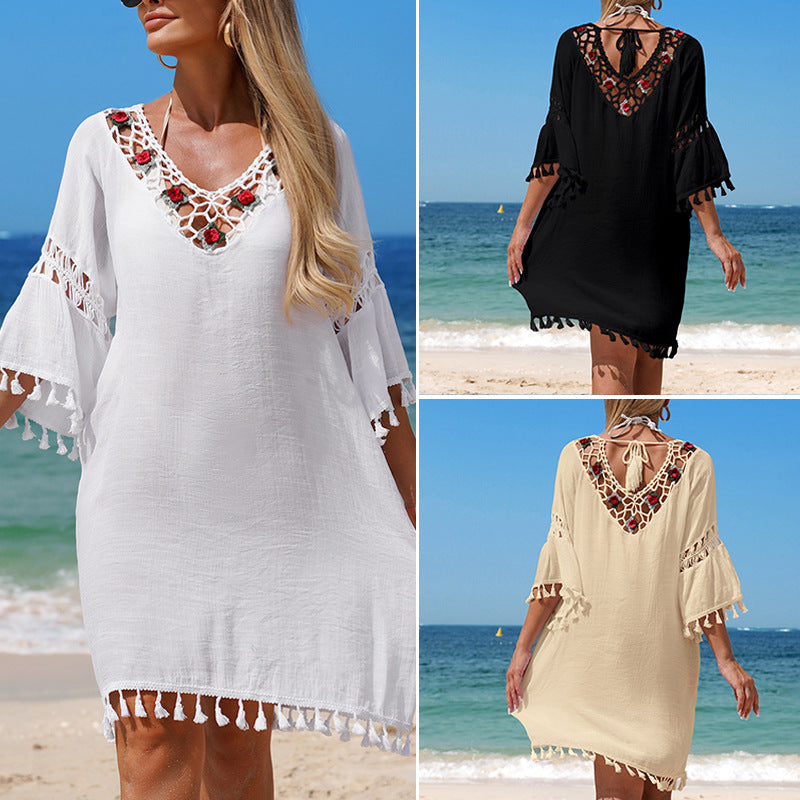 CYB V-neck tassel beach dress rose embellished hand crocheting patchwork loose blouse