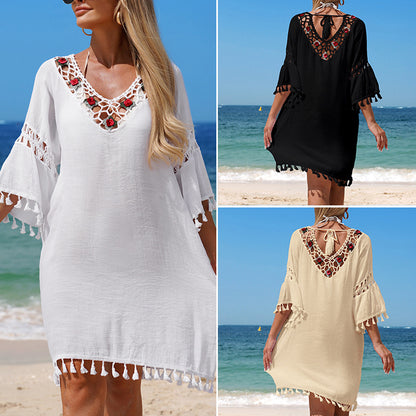 CYB V-neck tassel beach dress rose embellished hand crocheting patchwork loose blouse