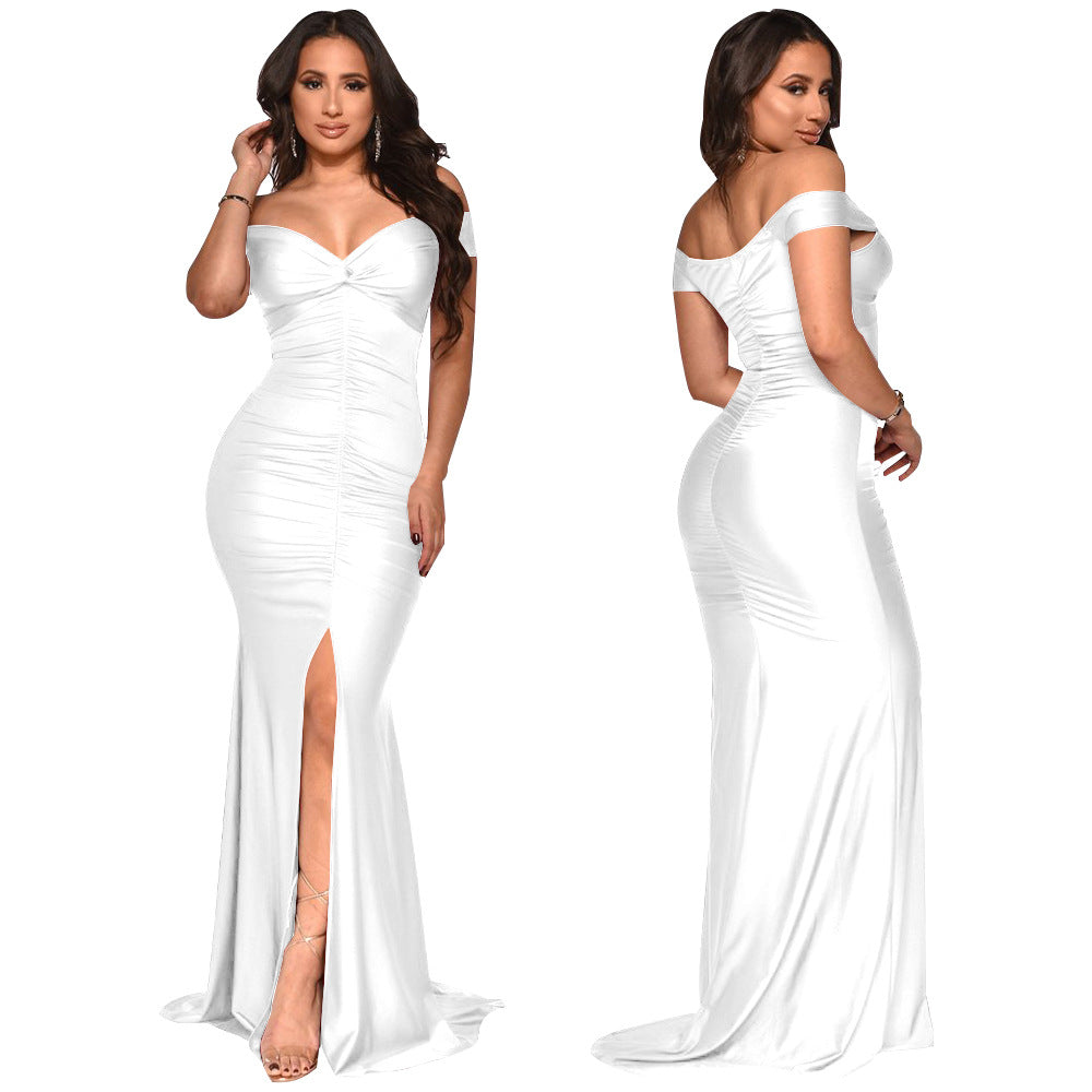 MYF (S-2XL) 10062 spring/summer V-neck off-shoulder hip-wrapped dress fold split long dress