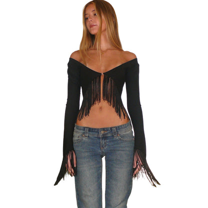 SXR K6L10804A summer cropped v-neck tassel long-sleeved top