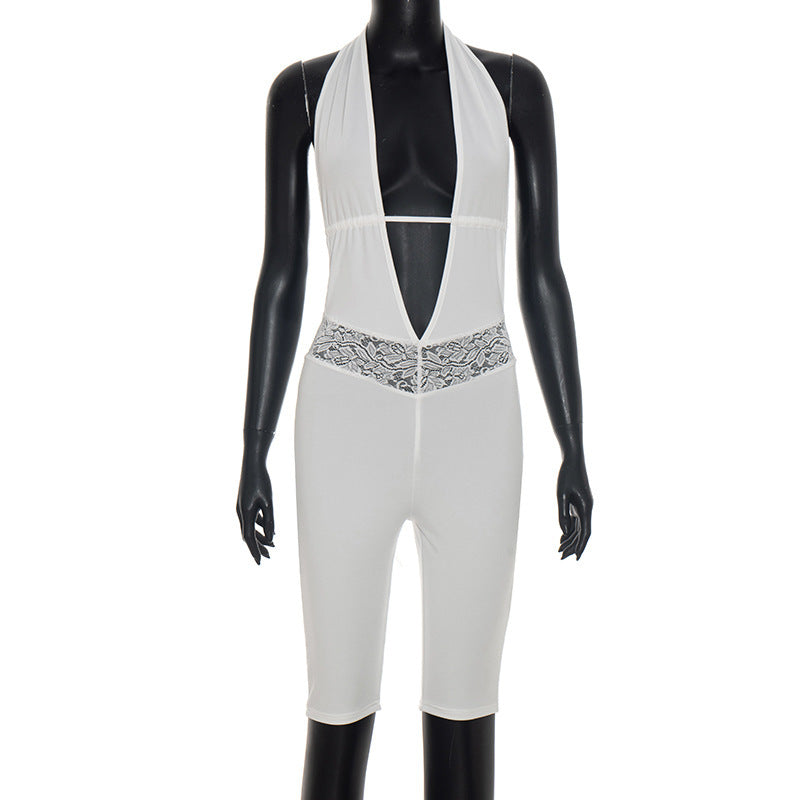 DZHT J26JP216 halter backless lace-up deep V-neck waist stitching lace five-point jumpsuit