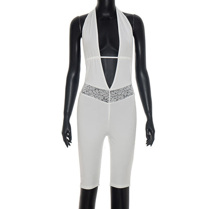 DZHT J26JP216 halter backless lace-up deep V-neck waist stitching lace five-point jumpsuit