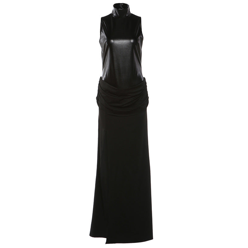 SXR winter fashion PU patchwork turtleneck sleeveless split dress