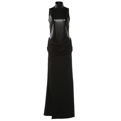 SXR winter fashion PU patchwork turtleneck sleeveless split dress