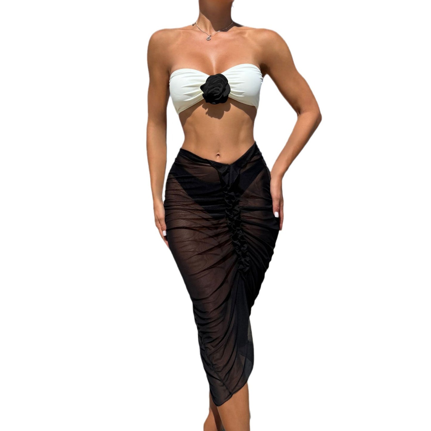 (4 days ready to ship) SY color matching rose three-piece suit mesh long dress swimsuit bikini