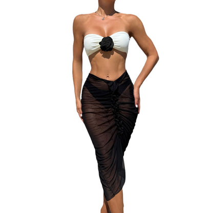 (4 days ready to ship) SY color matching rose three-piece suit mesh long dress swimsuit bikini