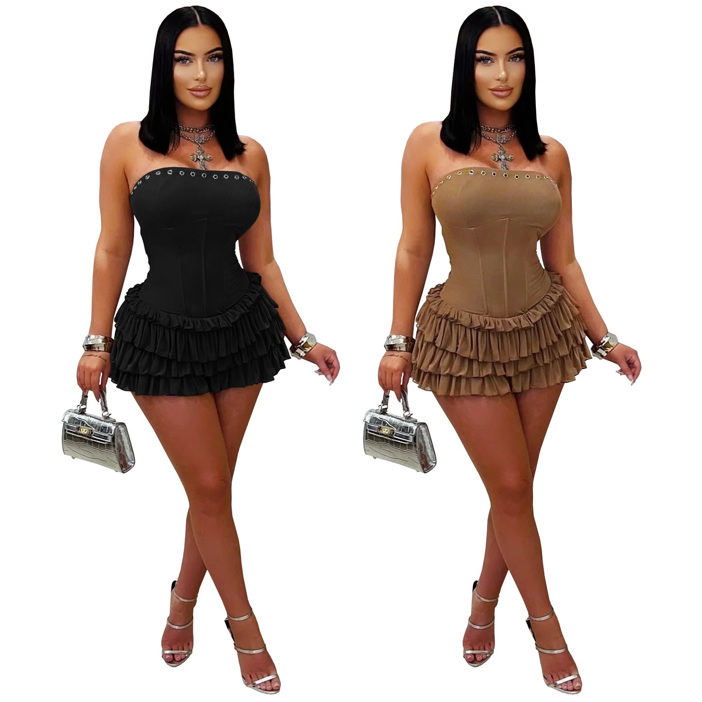 XYZ C7569 tube top lace-up ruffled jumpsuit skirt