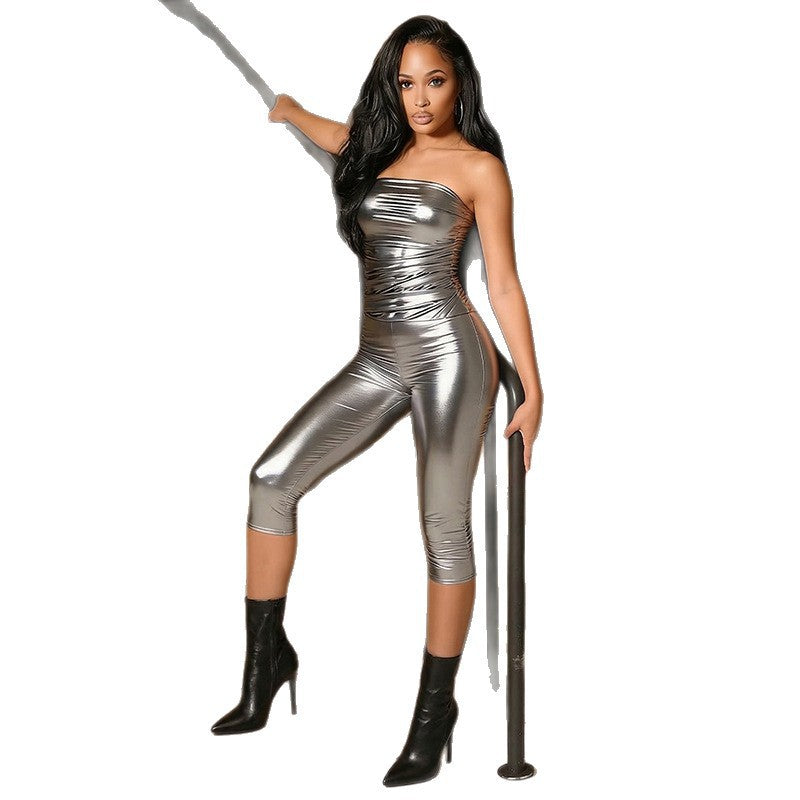 DZHT J26ST113 Spring/Summer Bronzing tube top tight cropped pants two-piece suit