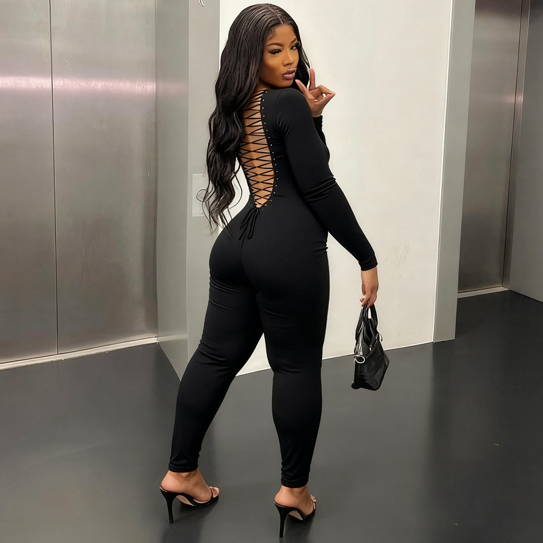 SXR autumn and winter U-collar backless lace up long-sleeved solid color hip-lifting jumpsuit