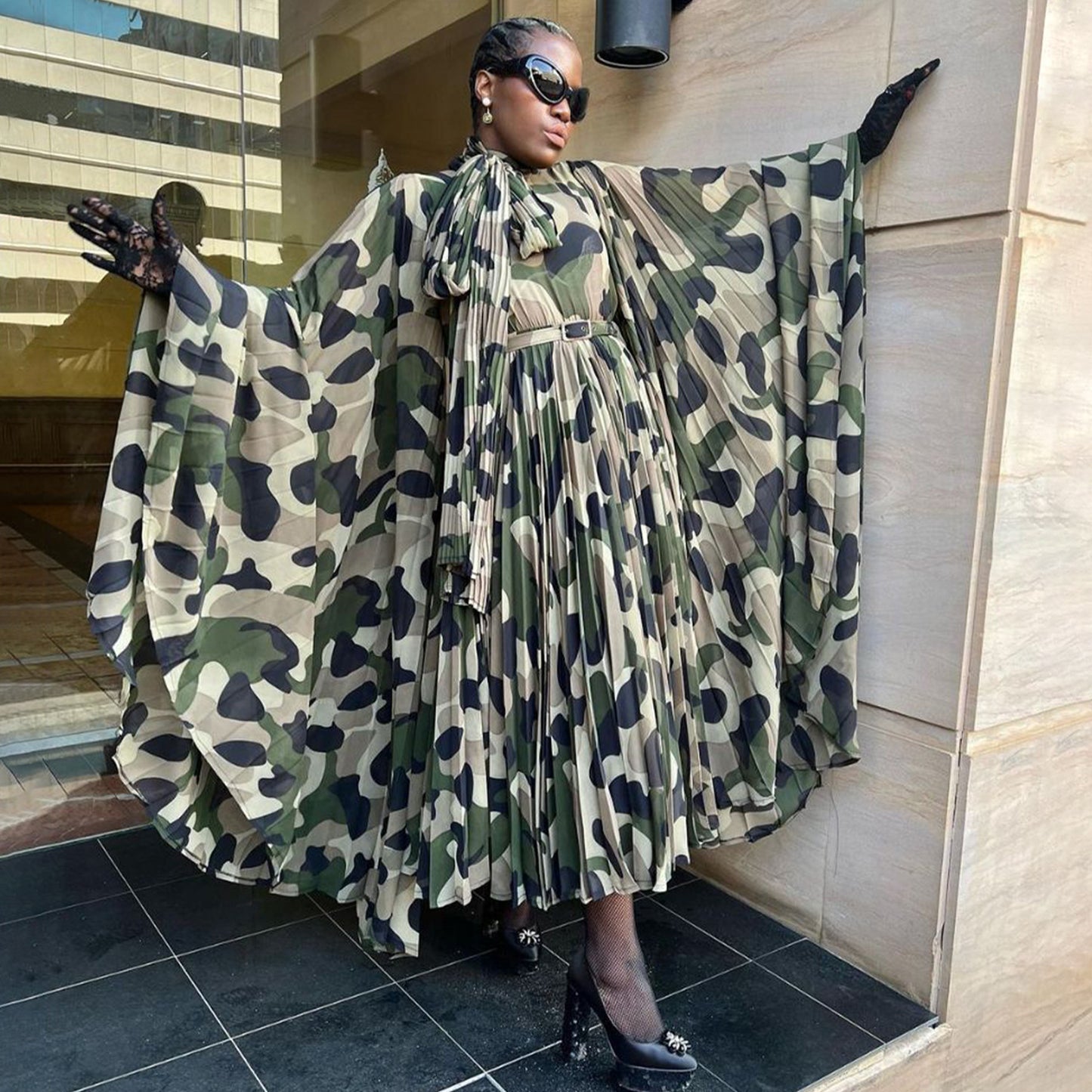 MYF (S-2XL) X20056 African camouflage loose pleated dress