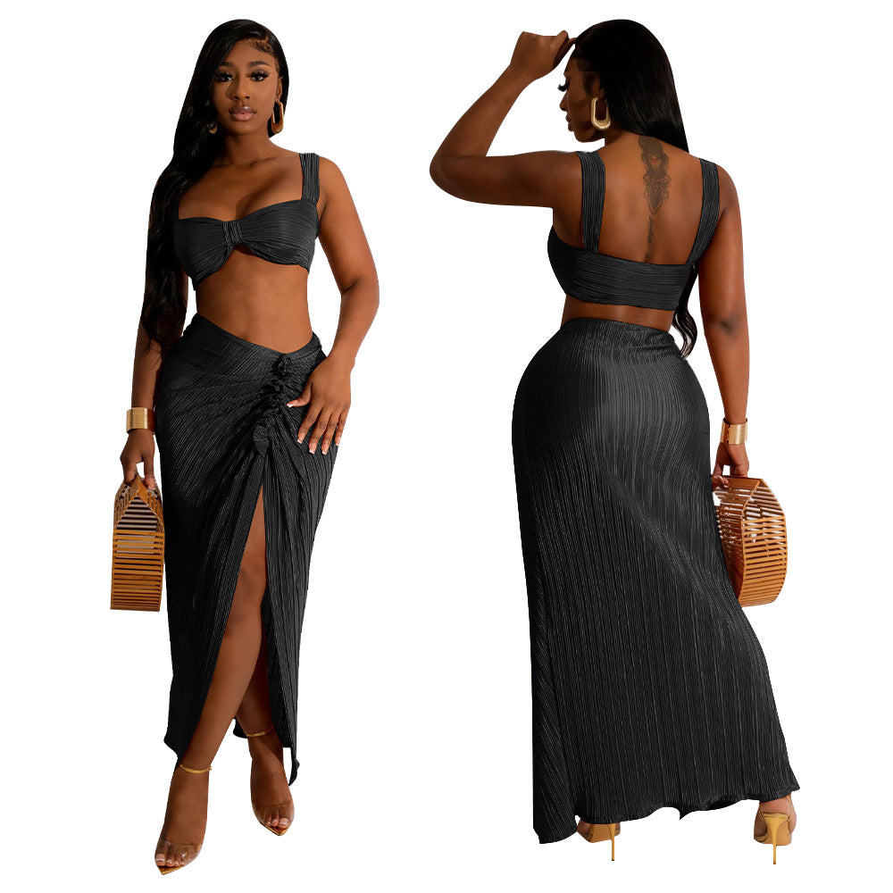 MYF (S-2XL) K10503 pleated backless Sling Top split draped dress suit