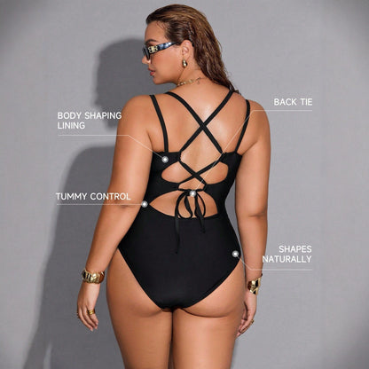 CL (L-4XL) 2026 plus size swimsuit solid color one-piece deep V sexy rope cross high waist tight