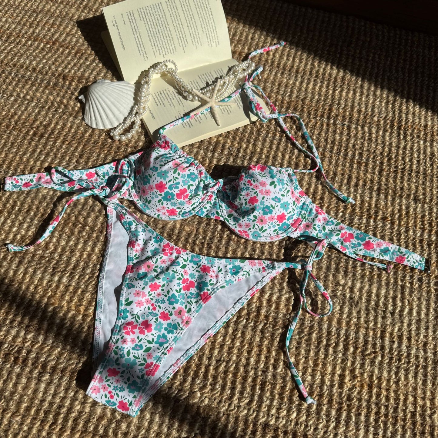 (4 days ready to ship) SY fresh floral printed lace up bikini split swimsuit bikini