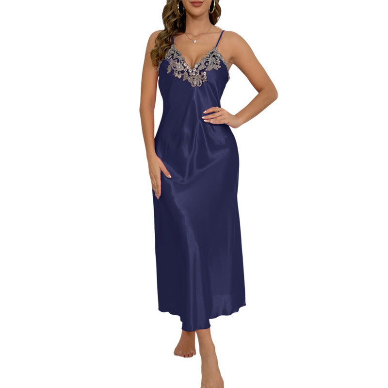 DNL slip nightdress Women's Ice Silk Silk long dress artificial silk backless nightdress