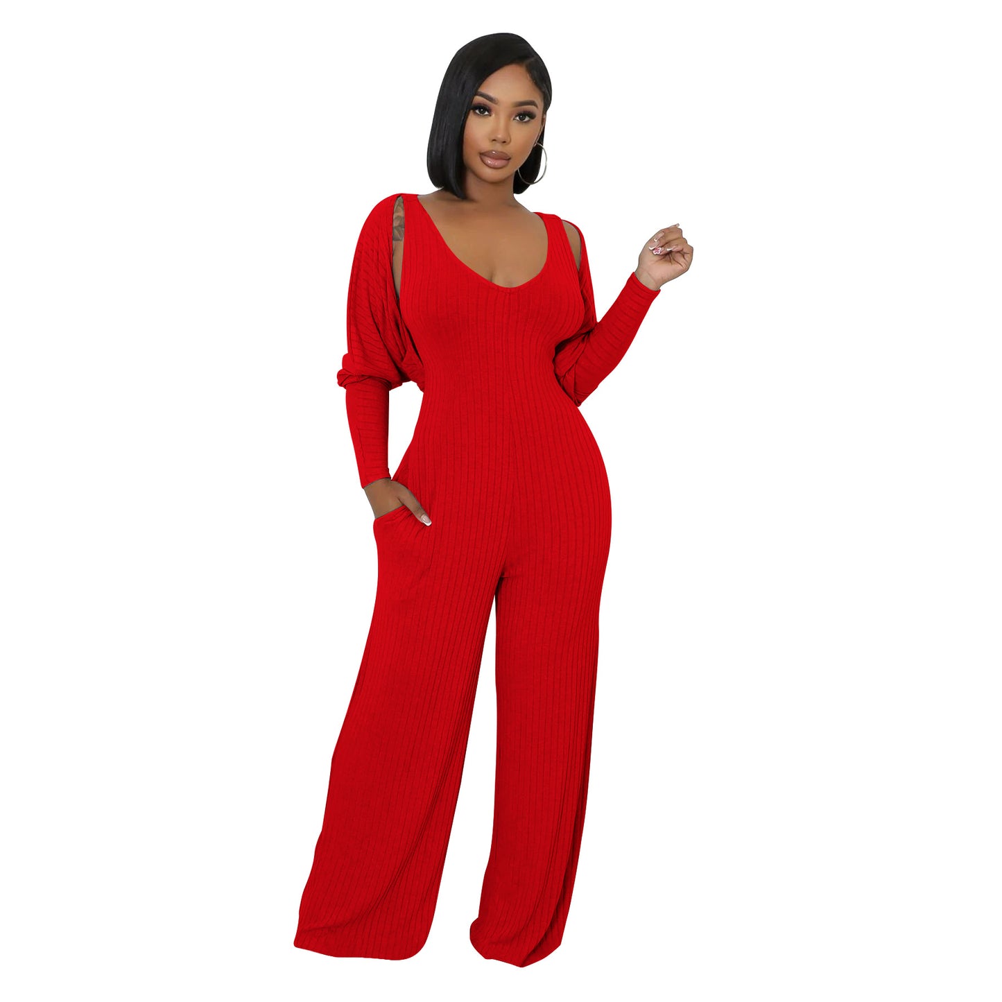 MYF (S-2XL) K10794 high elastic sunken stripe long sleeve vest jumpsuit