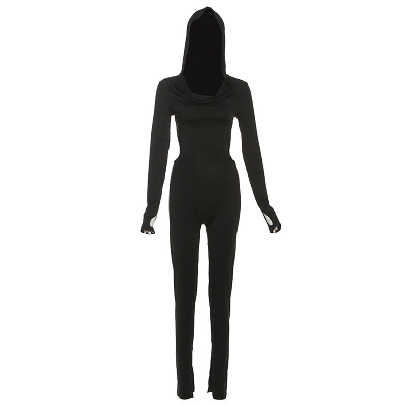 SXR autumn backless hooded long sleeve solid color hip raise skinny jumpsuit