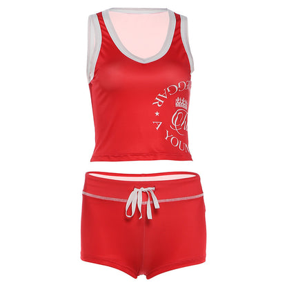 SXR spring and summer leisure contrast color halter backless top high waist hip lift shorts suit