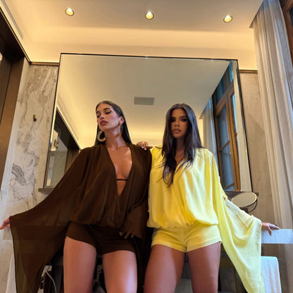 DZHT D26ST103 chiffon hollow-out deep V flared long-sleeved top and shorts summer suit