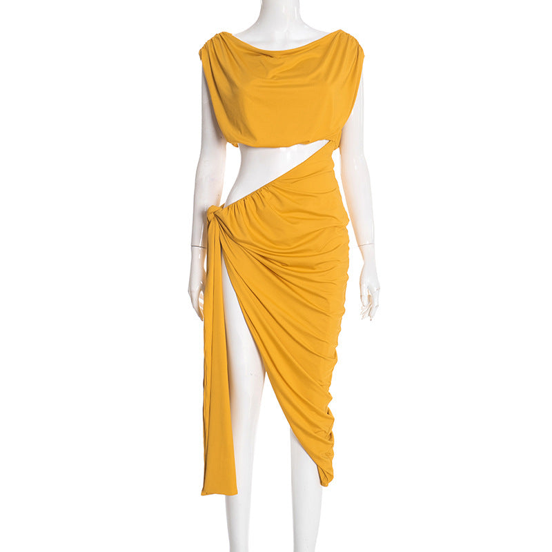 DZHT D25DS565 fashion hot selling diagonal shoulder midriff outfit tied dress