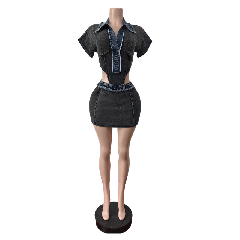 MZ (S-2XL) denim cotton MZ88634 short sleeve jumpsuit high elastic skirt suit