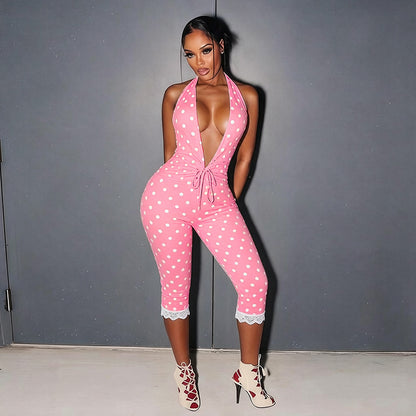 DZHT Q26JP118 polka dot halter backless rope waist lace jumpsuit