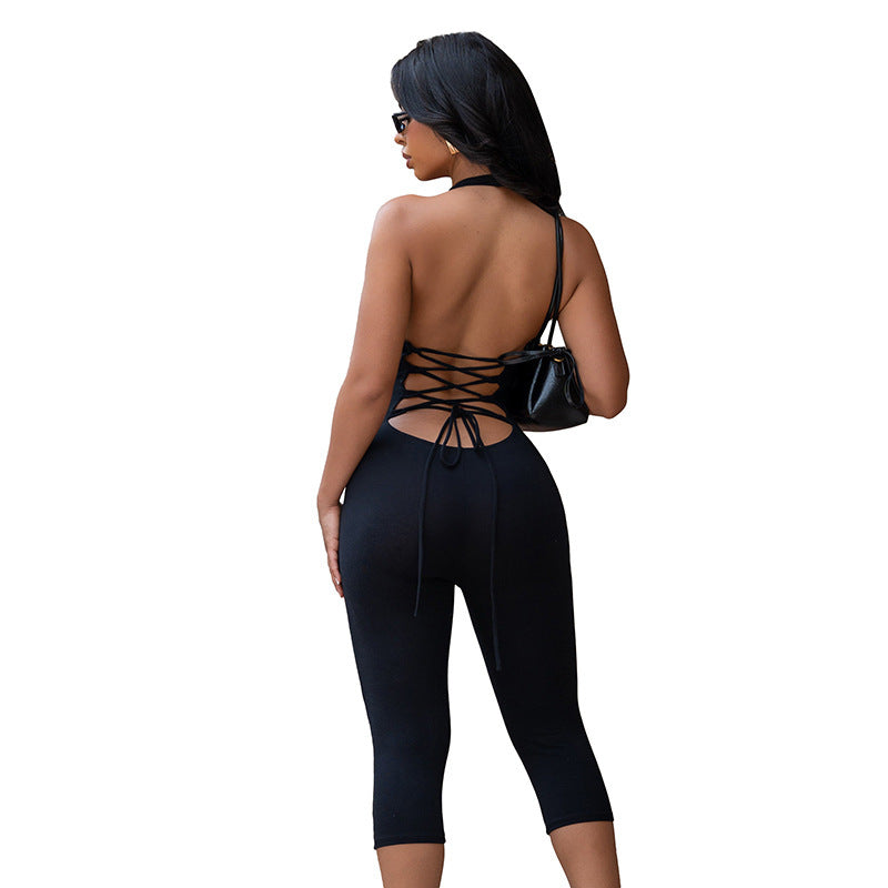 DZHT C26JP136 halter backless lace-up tight one-piece cropped pants