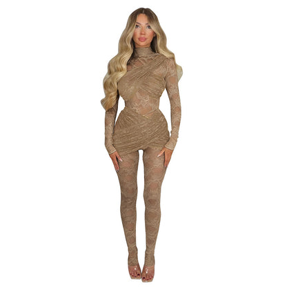 DZHT D25JP529 splicing see-through lace long sleeve tight one-piece trousers