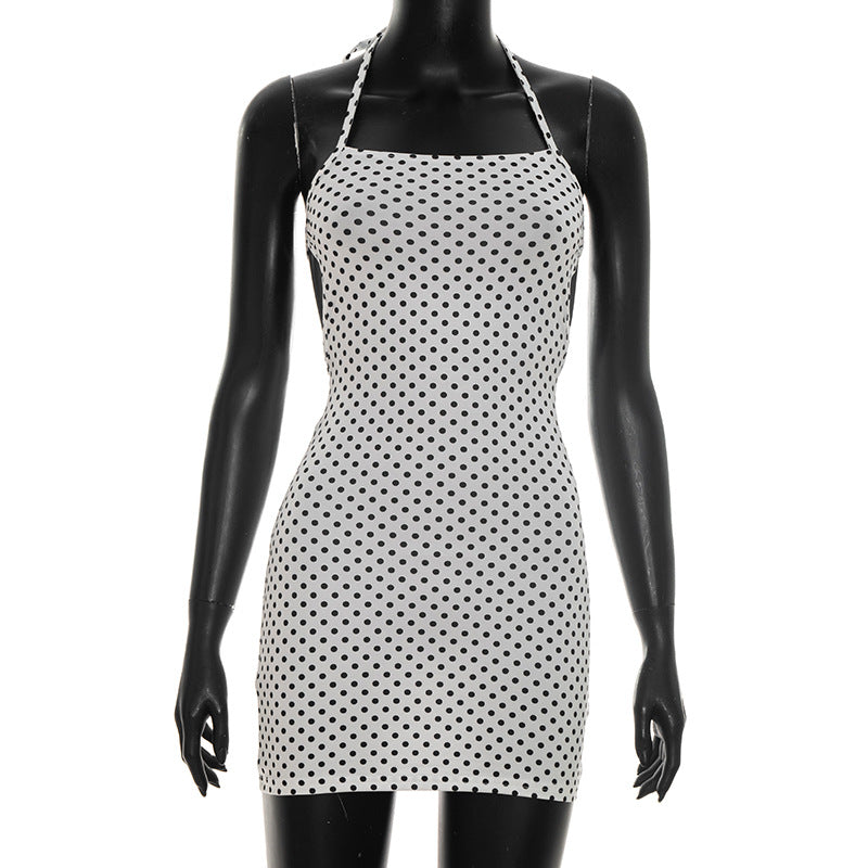 DZHT J26DS002 spring polka dot halter lace-up backless short dress