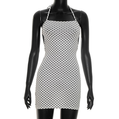 DZHT J26DS002 spring polka dot halter lace-up backless short dress