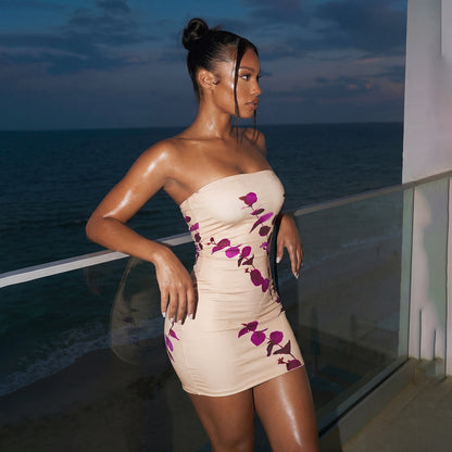 DLS summer tube top party slim fit slimming printed sheath dress