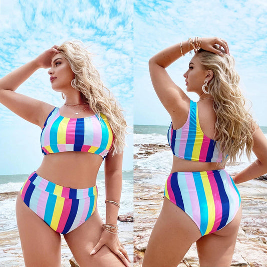 LF (L-4XL) women's split color printing swimsuit plus size