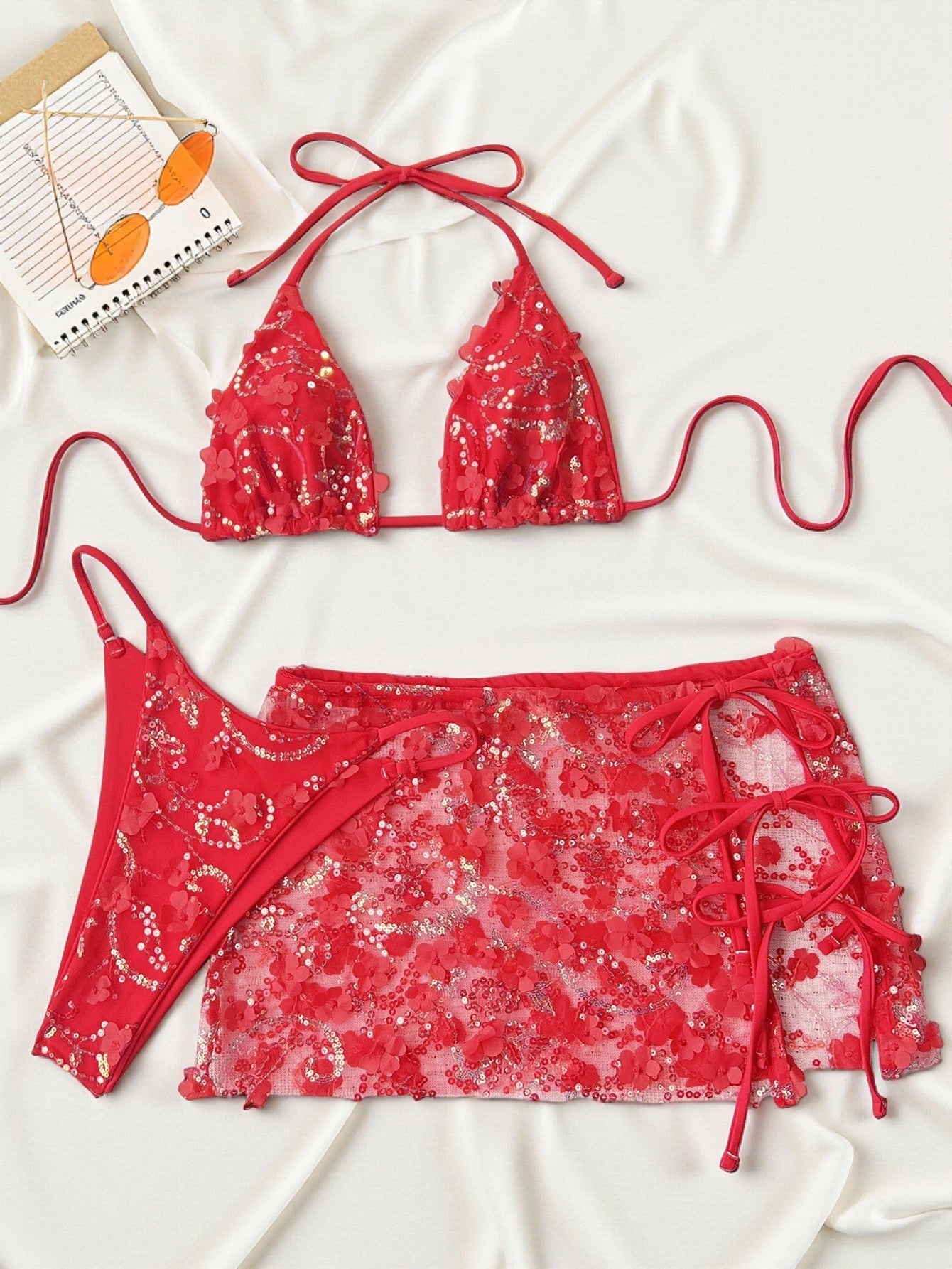 Bikini three piece swimsuit sequined swimsuit women strap match sets 6802
