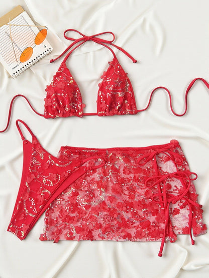 Bikini three piece swimsuit sequined swimsuit women strap match sets 6802