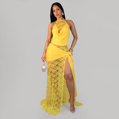 DZHT D26DS201 solid color lace stitching halter swing collar slit ribbon dress long skirt