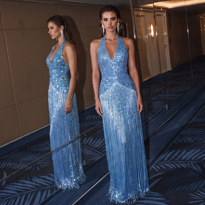 SXR K6D11483A summer elegant sequins tassel design dress