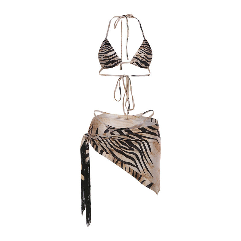 SXR 2026 spring striped printed sexy lace-up tassel halter three-piece swimsuit