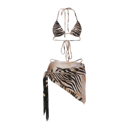 SXR 2026 spring striped printed sexy lace-up tassel halter three-piece swimsuit
