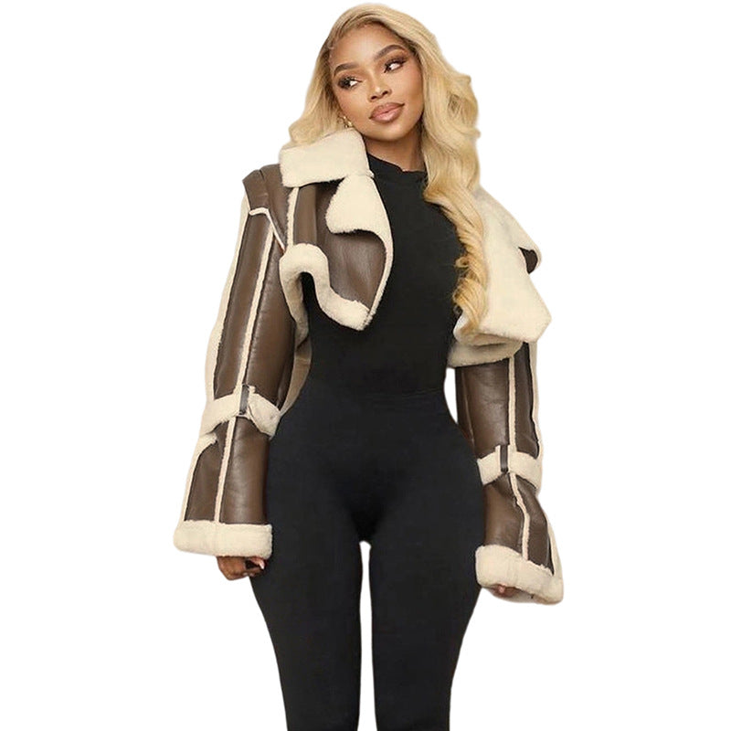 SXR autumn fashion PU leather stitching short fur collar navel coat