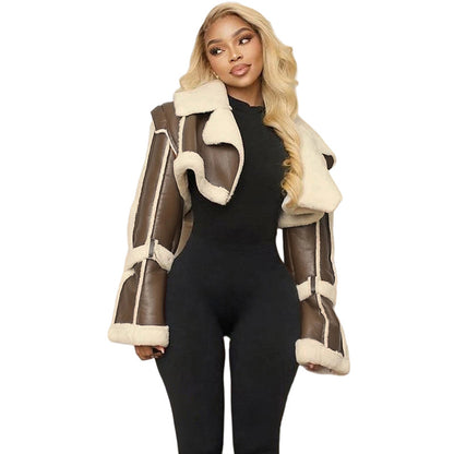 SXR autumn fashion PU leather stitching short fur collar navel coat