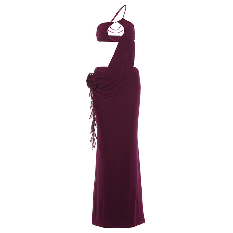SXR K25D88272 midriff outfit wrapped chest bead necklace flower oblique shoulder strap dress