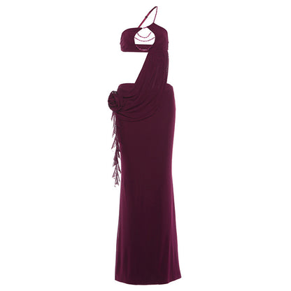 SXR K25D88272 midriff outfit wrapped chest bead necklace flower oblique shoulder strap dress
