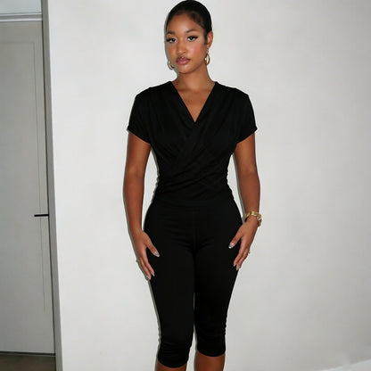 DZHT J26ST316 fall V-neck cross pleated wrap short sleeve cropped pants suit